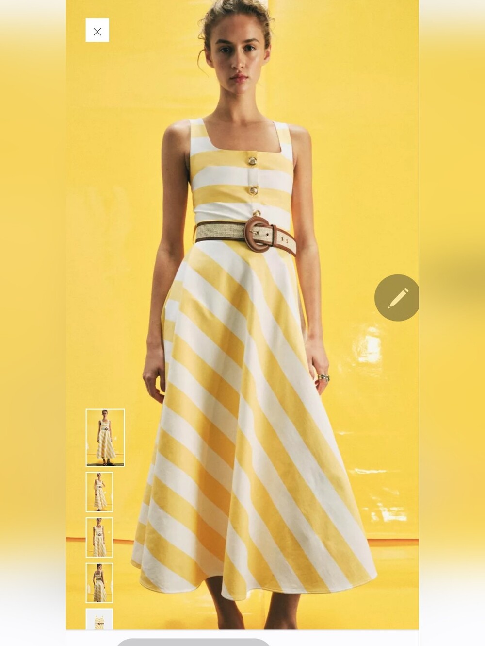 Zara Yellow and White Striped Square-Neck Midi Dress